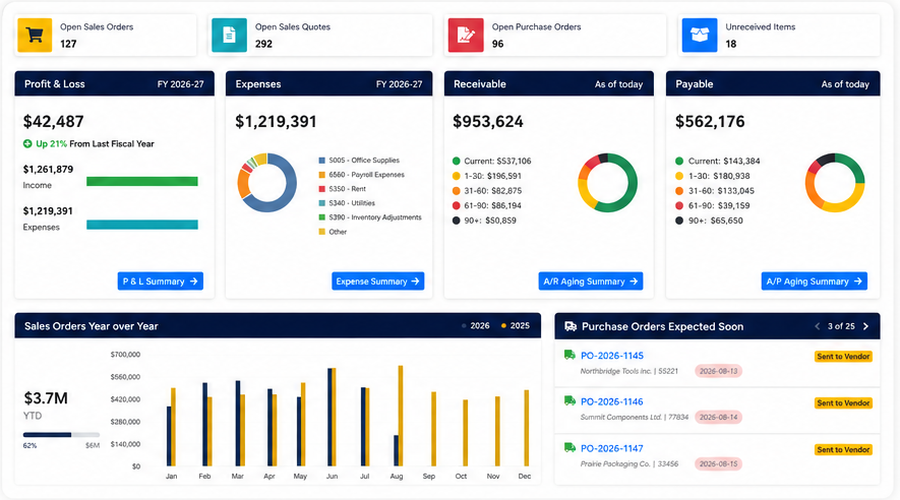 IntelliScope business reporting dashboard showing sales, purchasing, inventory and financial performance